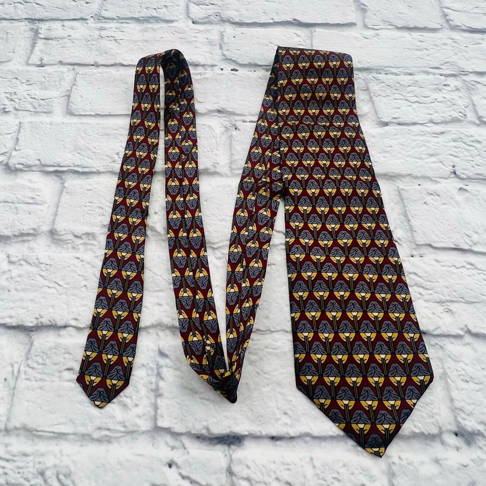 Burberrys of London Silk Tie Mens Geometric Burgundy Gold Blue Hand Sewn USA